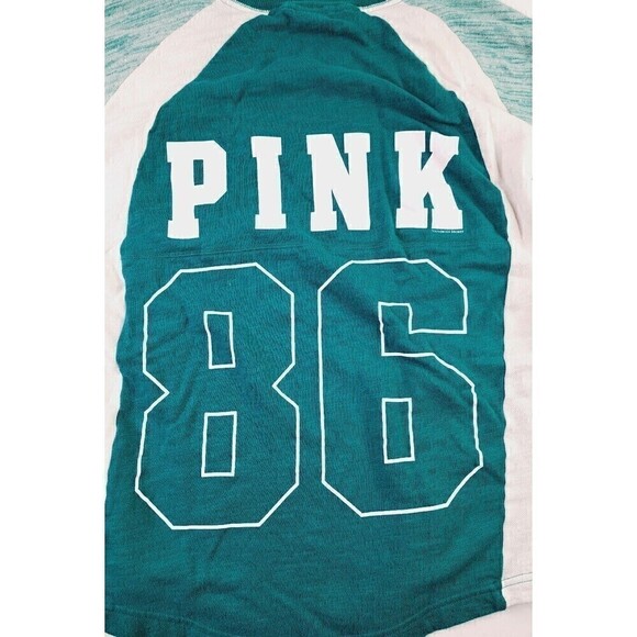 VICTORIA'S SECRET PINK PIECED VARSITY CREW SWEATSHIRT PULLOVER MARL TEAL SIZE S - Picture 1 of 7